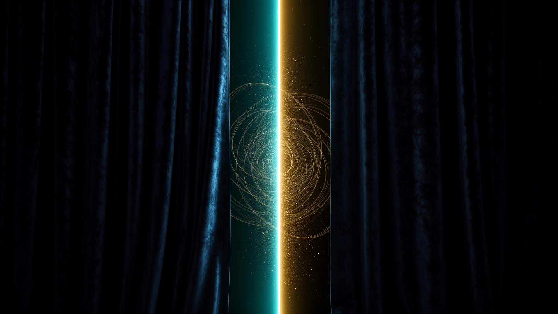 Zwei dunkle Vorhänge mit cyan-goldenem Lichtspalt